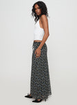   side view of model wearing Princess Polly Emily Maxi Skirt Blue / Black Floral Maxi 