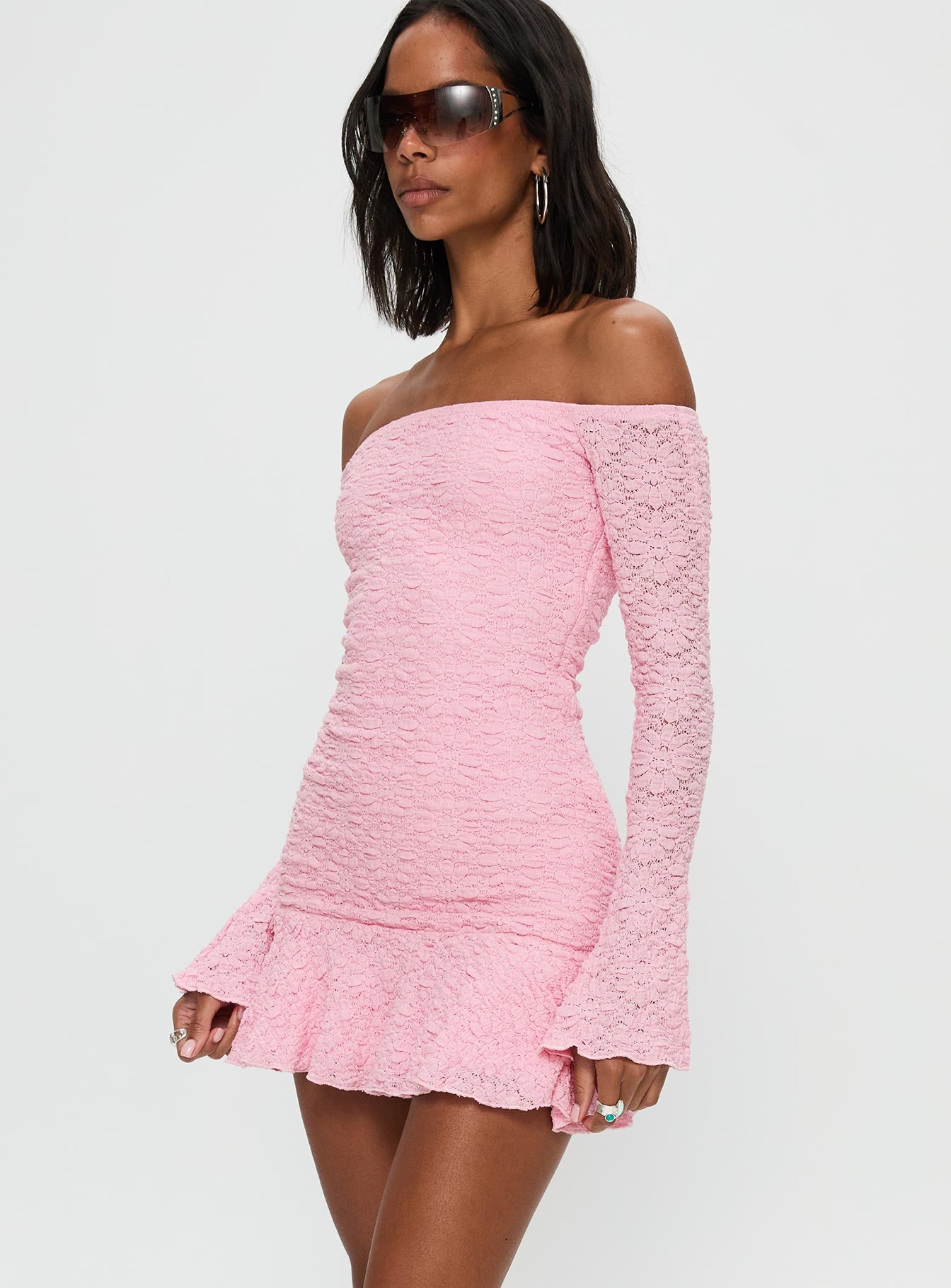 side view of model wearing Princess Polly Vancesca Strapless Mini Dress Pink Straight Neck 