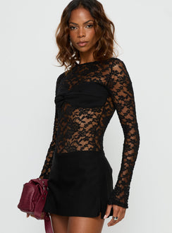 side view of model wearing Princess Polly Anjolene Lace Wrap Bust Bodysuit Black Long Sleeve Tops 
