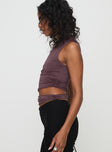 side view of model wearing Princess Polly Blizzard Top Purple Sleeveless Asymmetric Neckline 