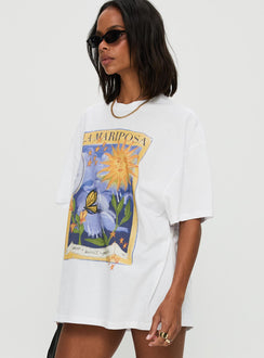 side view of model wearing Princess Polly Tarot Card Graphic Top White / Multi Half Sleeves Crew Neck 
