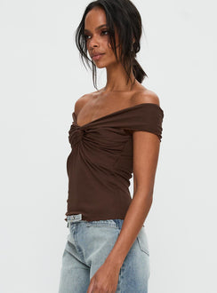 side view of model wearing Princess Polly Suspiria Twist Off Shoulder Top Chocolate Short Sleeves V-Neck 