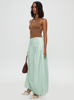   side view of model wearing Princess Polly Yasemine Maxi Skirt Green / White Maxi 