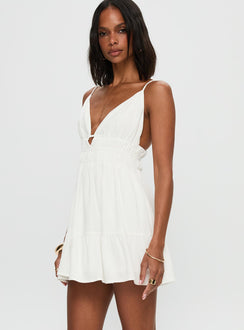 side view of model wearing Princess Polly Elpida Mini Dress White Plunger 