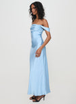 side view of model wearing Princess Polly Azura Off The Shoulder Maxi Dress Blue Straight Neck 