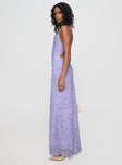 side view of model wearing Princess Polly Celena Maxi Dress Lilac Cowl Neck 