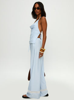 side view of model wearing Princess Polly Summer Too Hot Pant Blue Stripe High Waisted Pants 