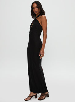 side view of model wearing Princess Polly Rapture Halter Maxi Dress Black Plunger 