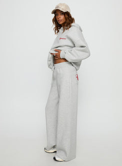 side view of model wearing Princess Polly Princess Polly Stargirl Wide Leg Sweat Pants Grey Marle High Rise Pants 