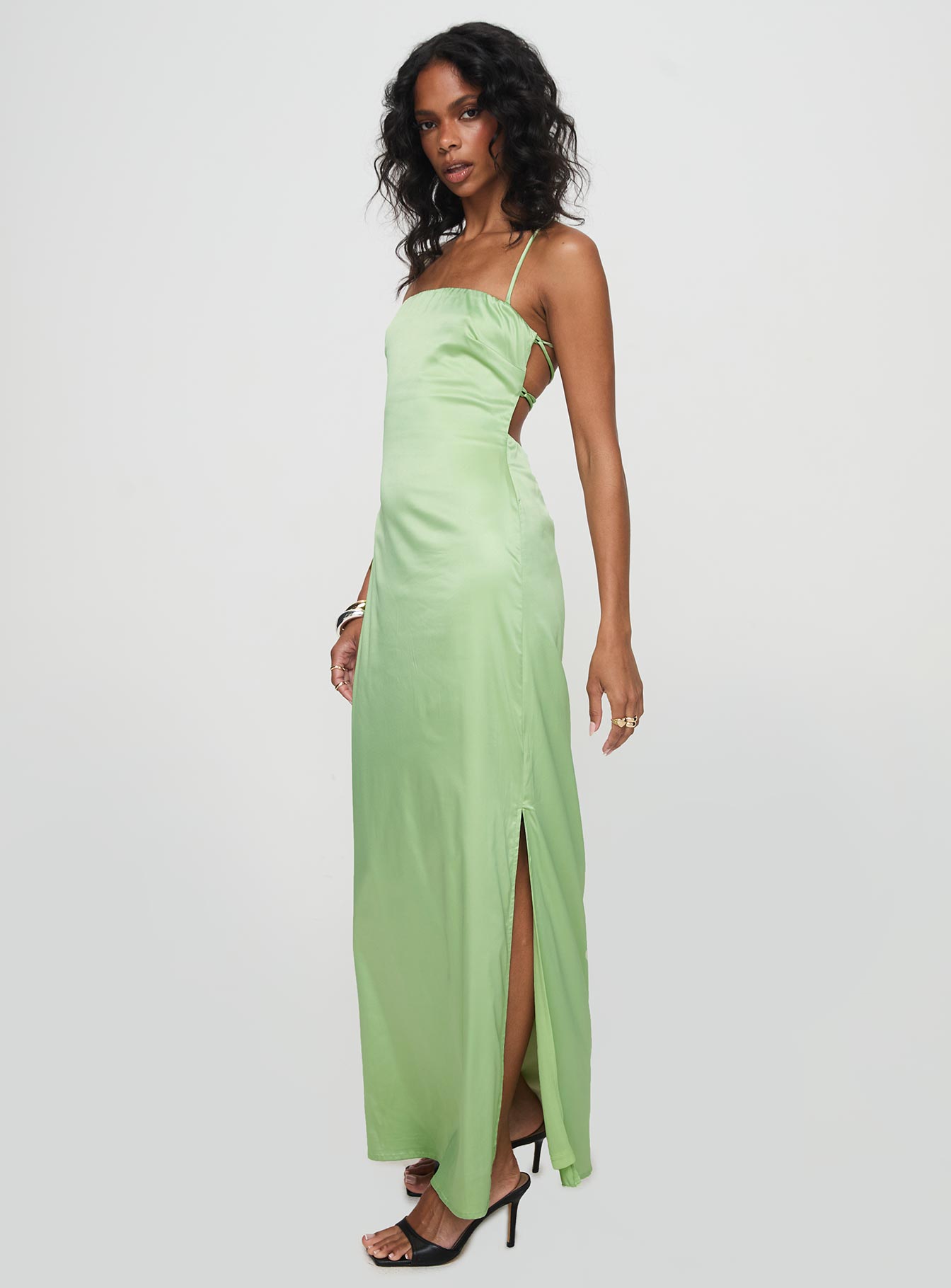 side view of model wearing Princess Polly Roselyn Maxi Dress Sage Square Neck 