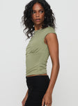 side view of model wearing Princess Polly Musia Cowl Neck Top Green Sleeveless Asymmetric Neckline 