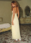 back view of model wearing Princess Polly South Of France Maxi Dress Yellow Square Neck 