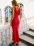 back view of model wearing Princess Polly Karlotta Lace Bias Maxi Dress Red Plunger 