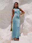 front view of model wearing Princess Polly Tourista Maxi Dress Blue Crew Neck 