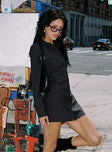 side view of model wearing Princess Polly Dial Tone Long Sleeve Mini Dress Black Pinstripe V-Neck 