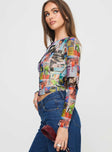 side view of model wearing Princess Polly Kaelen Long Sleeve Top Multi Full Sleeves Crew Neck 