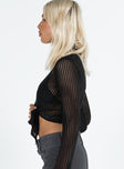 Long sleeve top Crochet knit material V neckline Tie fastening at front Sheer design