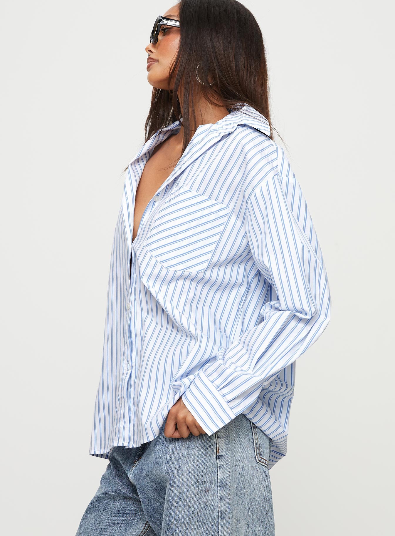 product Princess Polly Full Sleeves V-Neck  Laverne Stripe Shirt Blue / White