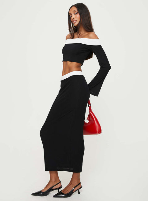 Matching Set Off-the-shoulder long-sleeve top, folded neckline, contrast white bust Elasticated neckline Lined body, good stretch  Slim fitting, midi length skirt, contrast white waistband Elasticated waistband