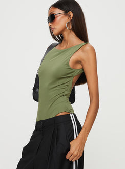 side view of model wearing Princess Polly Coomba Backless Bodysuit Green Sleeveless Boat Neck 
