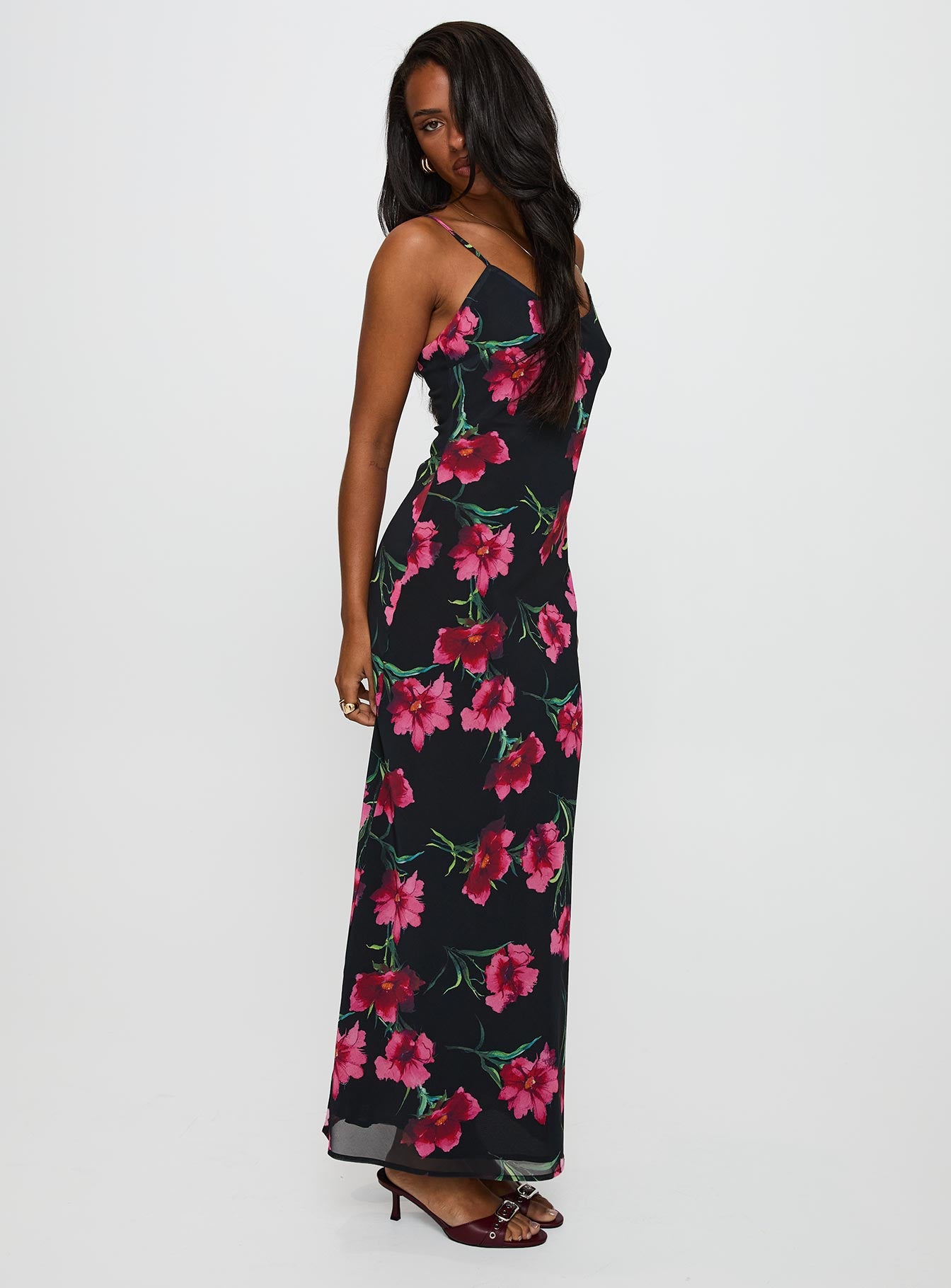 back view of model wearing Princess Polly Emorie Bias Cut Maxi Dress Multi Floral Scoop Neck 