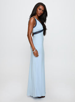 side view of model wearing Princess Polly Maelene Maxi Dress Blue V-Neck 