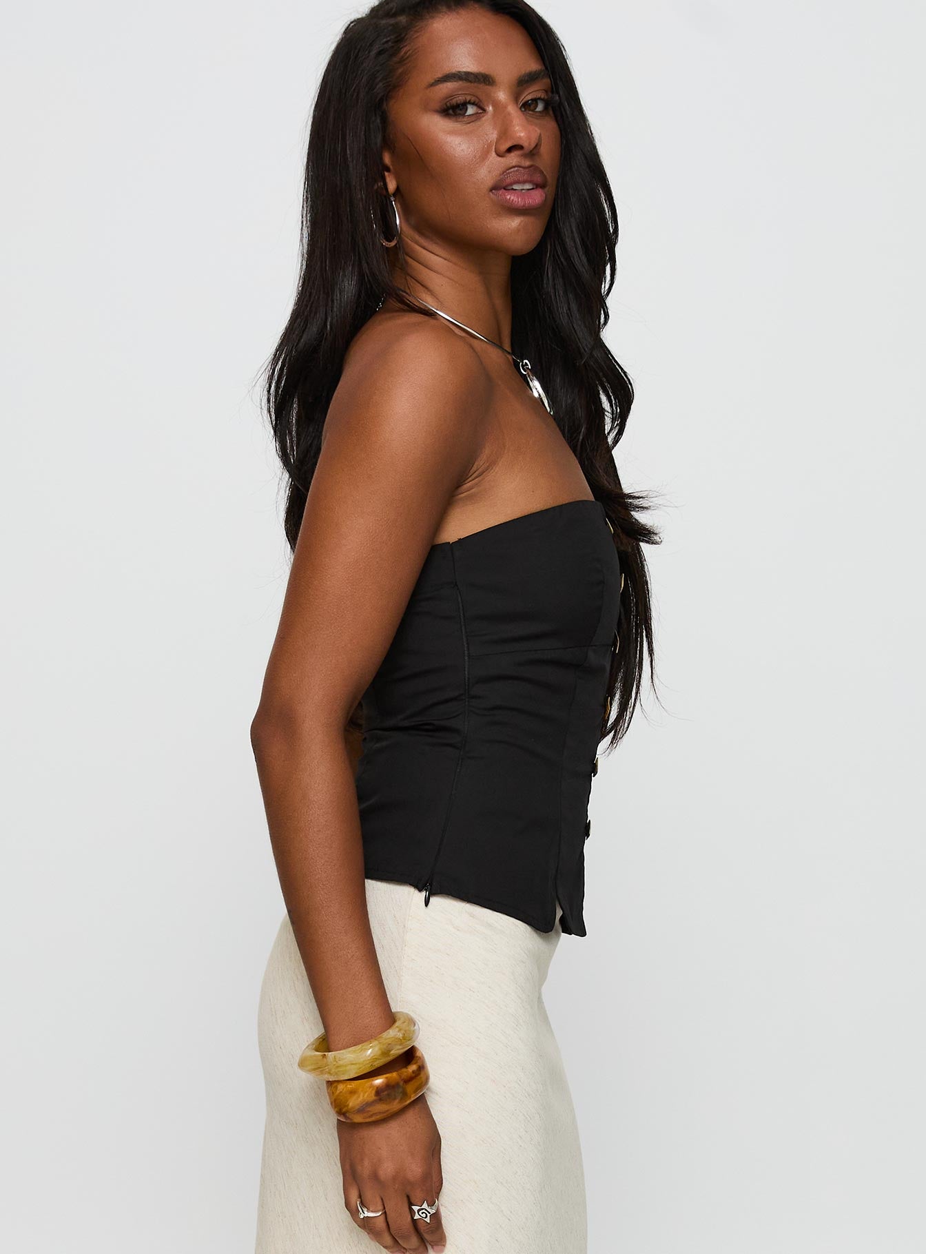 side view of model wearing Princess Polly Analeia Strapless Top Black Sleeveless straight 