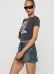   side view of model wearing Princess Polly Ribbon Stamp Mini Skirt Antique Wash Mini Skirts 