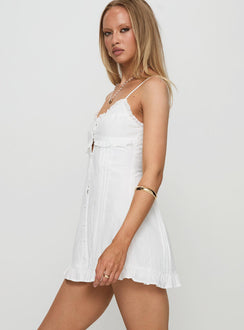 side view of model wearing Princess Polly Missin Frill Mini Dress White Sweetheart Neckline 