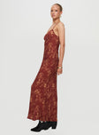 side view of model wearing Princess Polly Bombay Bias Maxi Dress Rust Sweetheart Neckline 