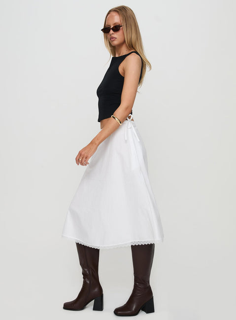   side view of model wearing Princess Polly Taka Midi Skirt White Midi Skirts 