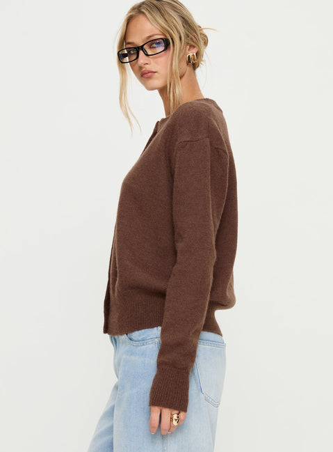 side view of model wearing Princess Polly Melancholia Cardigan Chocolate Longline Jumpers 