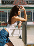 side view of model wearing Princess Polly Moderna Halter Lace Top White Sleeveless Plunger 