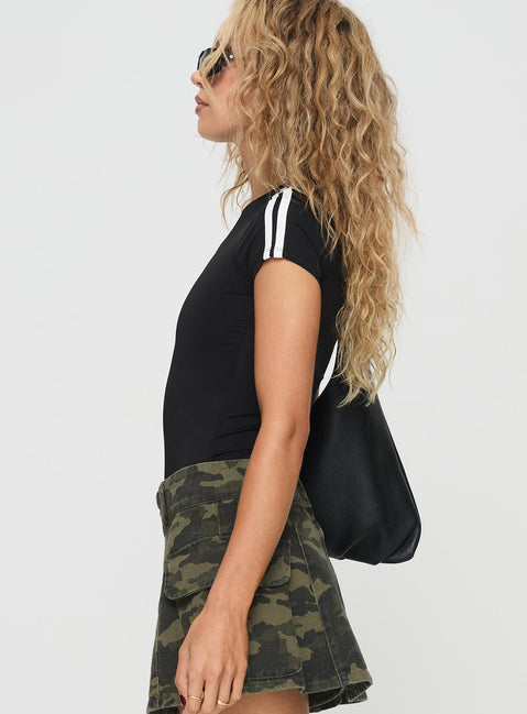 side view of model wearing Princess Polly Edensi Bodysuit Black Short Sleeves Boat Neck 