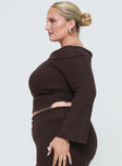 side view of model wearing Princess Polly Sina Off The Shoulder Top Chocolate Curve Cropped 