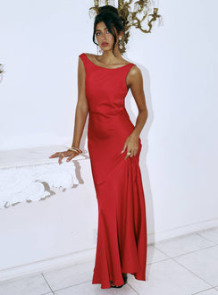 side view of model wearing Princess Polly Forbidden Feelings Maxi Dress Red Boat Neck 