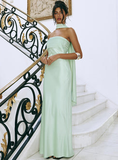 side view of model wearing Princess Polly Exquisette Strapless Maxi Dress Sage Straight Neck 