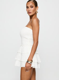 side view of model wearing Princess Polly Sunkiss Frill Mini Dress White / Broderie Straight Neck 
