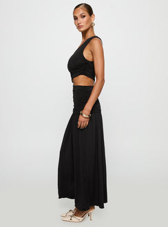 side view of model wearing Princess Polly Magnetize Ruched Maxi Dress Black Asymmetric Neckline 