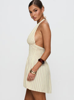 side view of model wearing Princess Polly Alivea Shirred Mini Dress Cream Plunger 