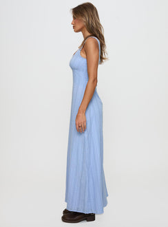 side view of model wearing Princess Polly Dasha Maxi Dress Blue Square Neck 