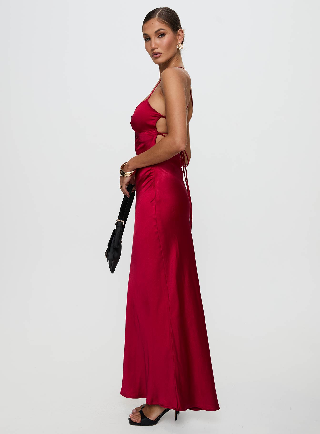 side view of model wearing Princess Polly Kristelle Maxi Dress Red Sweetheart Neckline 