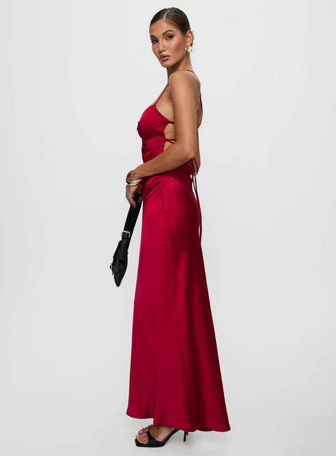 side view of model wearing Princess Polly Kristelle Maxi Dress Red Sweetheart Neckline 
