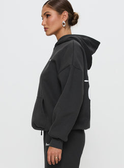 side view of model wearing Princess Polly Princess Polly Hooded Sweatshirt Bubble Script Grey 