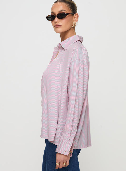 side view of model wearing Princess Polly Wild Promise Top Pink Stripe Full Sleeves V-Neck 