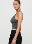 side view of model wearing Princess Polly Catalyst Asymmetrical Top Slate Sleeveless Asymmetric Neckline 