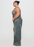 side view of model wearing Princess Polly Ribbon Stamp Wide Leg Jean Antique Wash Curve High Waisted 