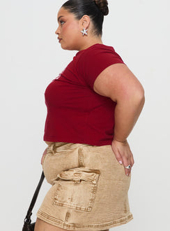 side view of model wearing Princess Polly You Do You Tee Red Curve Short Sleeves Crew Neck 