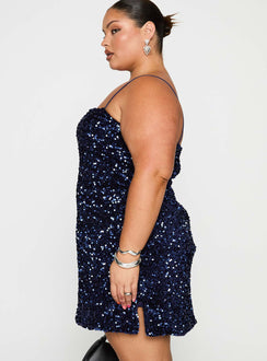 side view of model wearing Princess Polly Layney Sequin Mini Dress Navy Curve Square Neck 