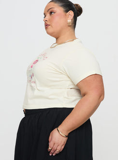 side view of model wearing Princess Polly Cherry Cocktails Tee Cream Curve Short Sleeves Crew Neck 